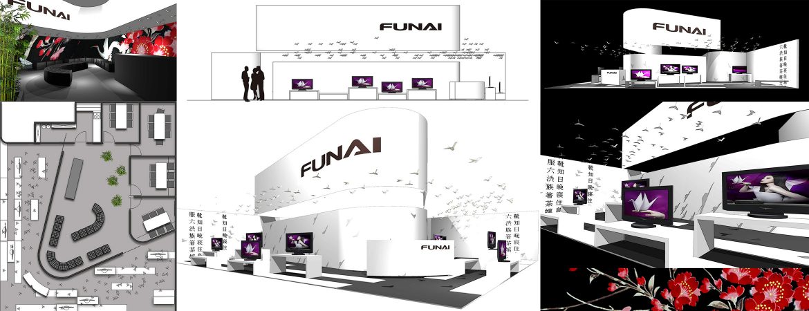 trade fair 3d rendering funai floorplan elevation views