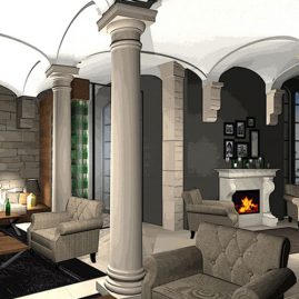 restaurant fireplace lounge area 3D rendering