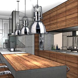 stainless steel island wooden front kitchen 3d rendering